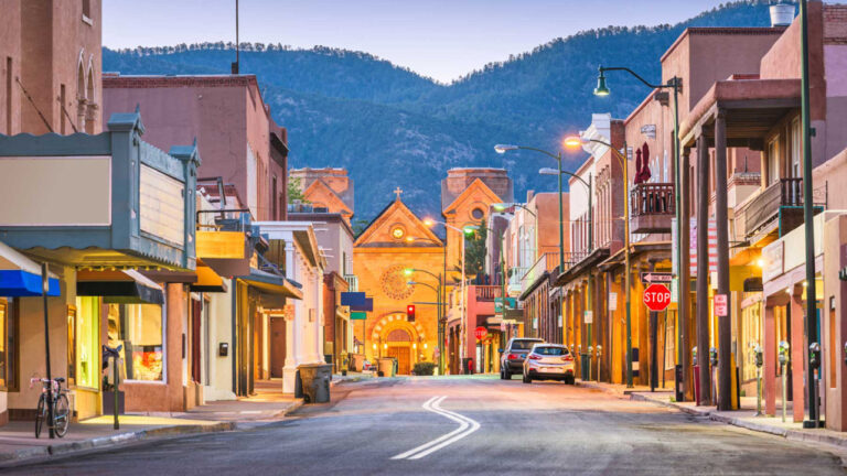 Santa Fe, New Mexico, USA downtown cityscape and street at twilight.